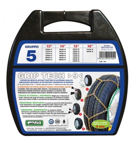 Catene da neve omologate - Cora Grip Tech 9mm - Gruppo 5 - 14'' - 155/80 R14, 165/70 R14, 175/65 R14, 185/60 R14, 195/55 R14, 205/45 R14