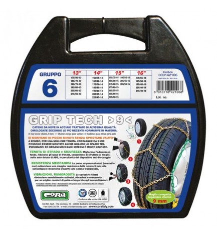 Catene da neve omologate - Cora Grip Tech 9mm - Gruppo 6 - 16'' - 175/55 R16, 185/50 R16, 195/45 R16, 205/40 R16, 215/40 R16