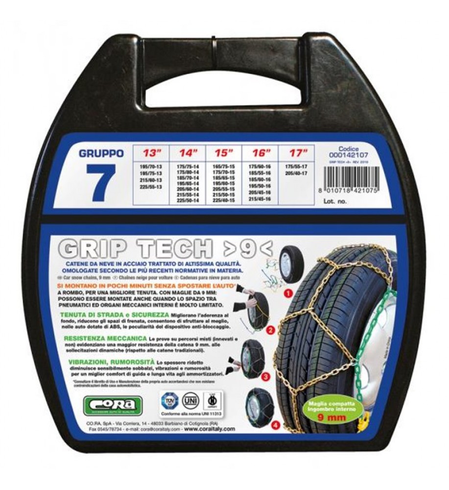 Catene da neve omologate - Cora Grip Tech 9mm - Gruppo 7 - 15'' - 165/75 R15,  175/